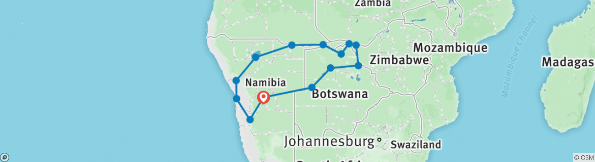 Image of a map showing the route of the tour