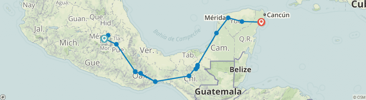 Image of a map showing the route of the tour