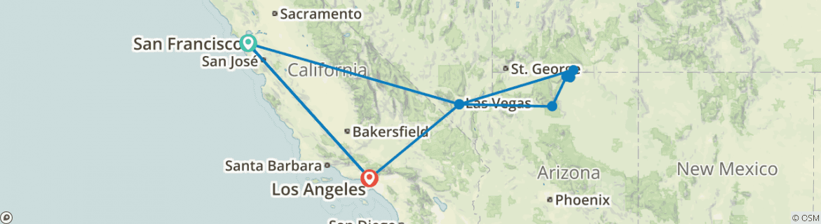 Image of a map showing the route of the tour