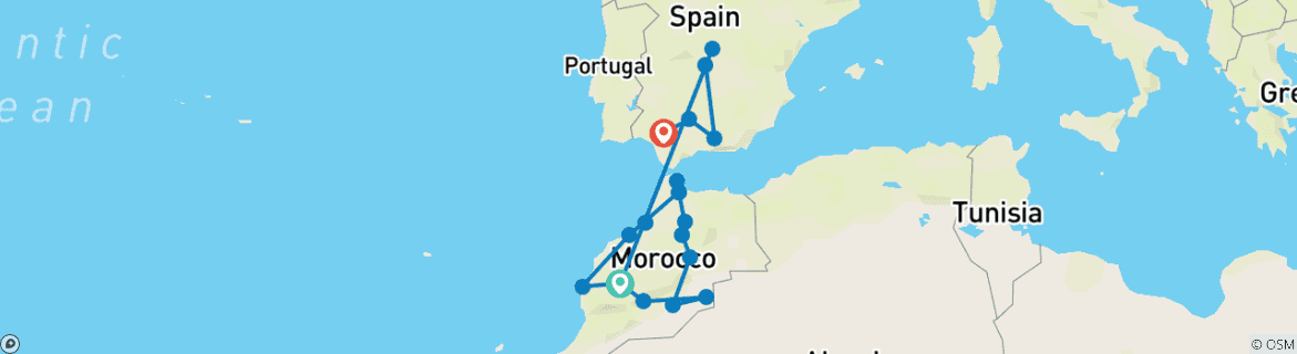 Image of a map showing the route of the tour