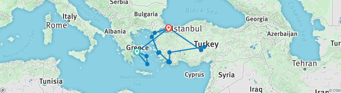 Image of a map showing the route of the tour