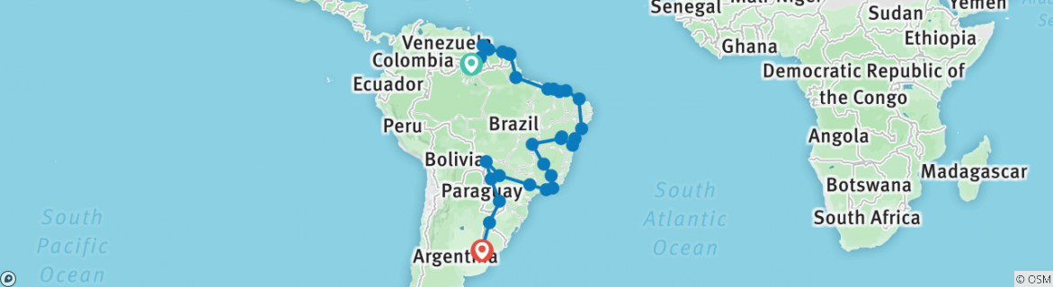 Image of a map showing the route of the tour