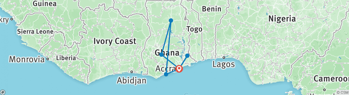 Image of a map showing the route of the tour