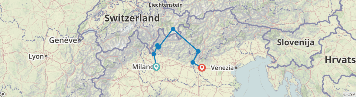 Image of a map showing the route of the tour