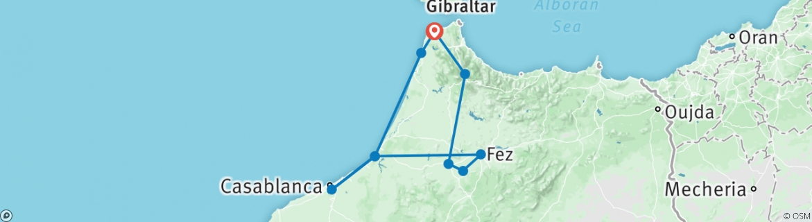 Image of a map showing the route of the tour