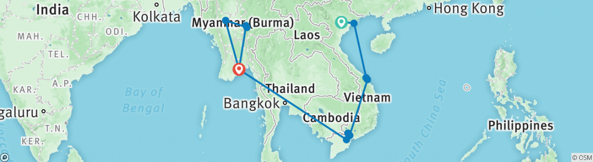 Image of a map showing the route of the tour