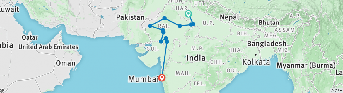 Image of a map showing the route of the tour