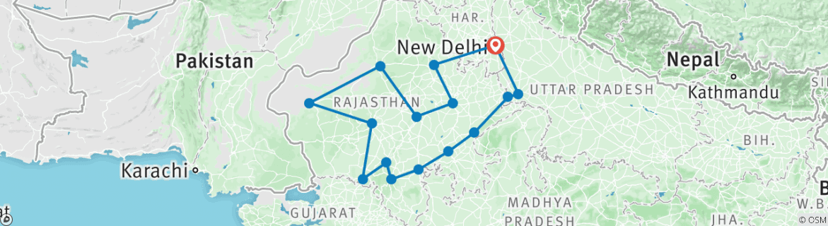 Image of a map showing the route of the tour