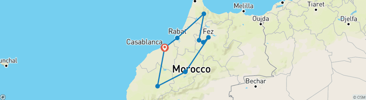 Image of a map showing the route of the tour