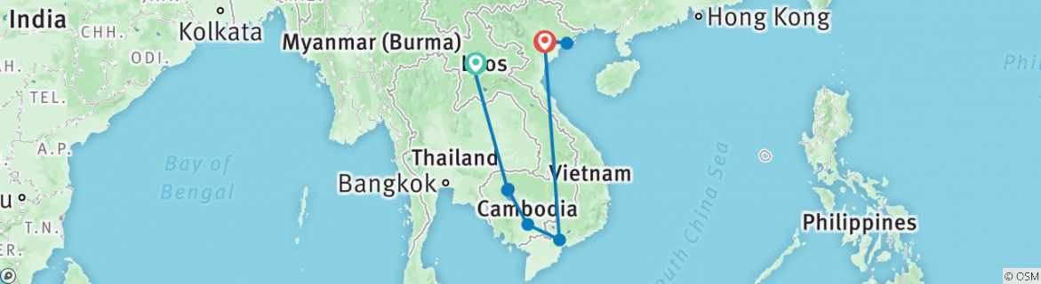 Image of a map showing the route of the tour