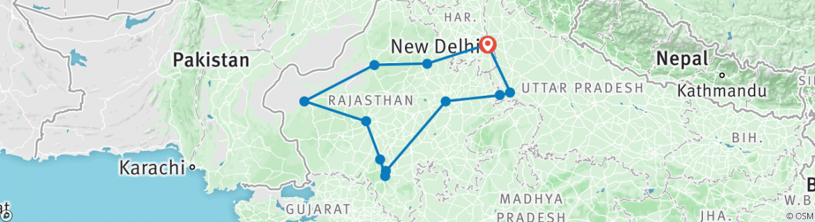 Image of a map showing the route of the tour