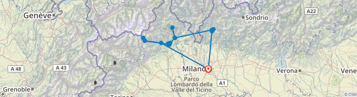 Image of a map showing the route of the tour