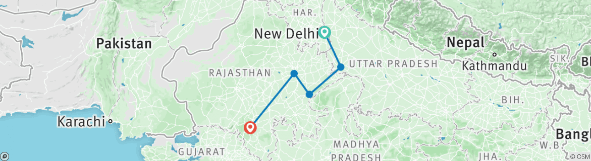 Image of a map showing the route of the tour