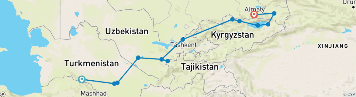 Image of a map showing the route of the tour