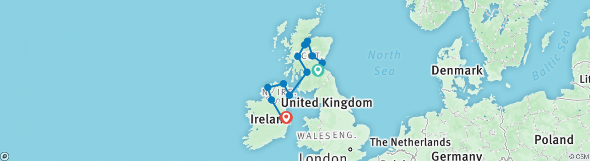 Image of a map showing the route of the tour
