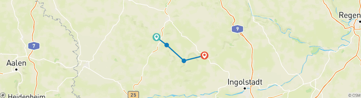 Image of a map showing the route of the tour