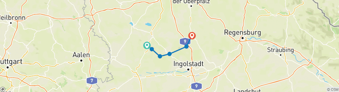 Image of a map showing the route of the tour