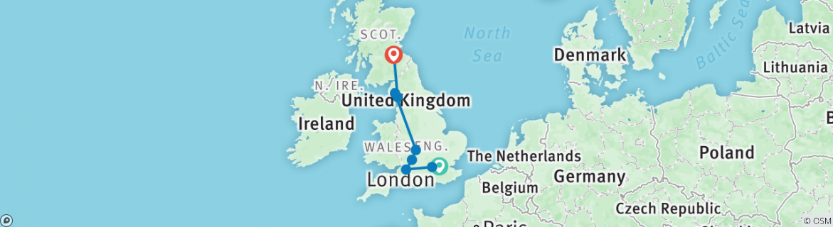 Image of a map showing the route of the tour