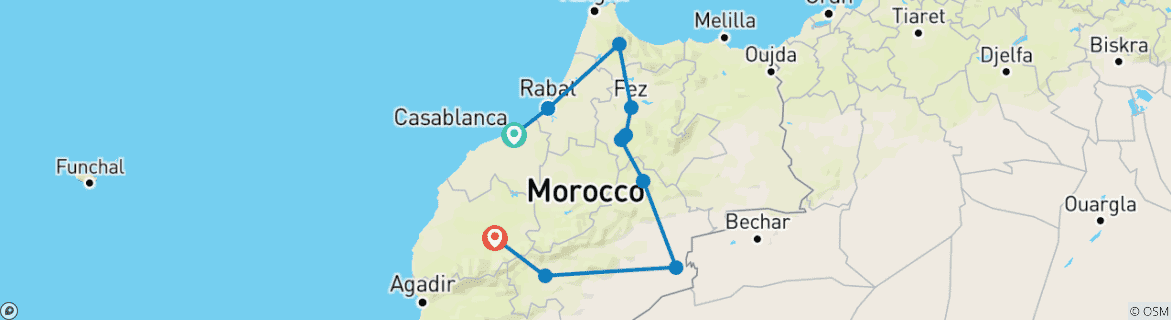 Image of a map showing the route of the tour