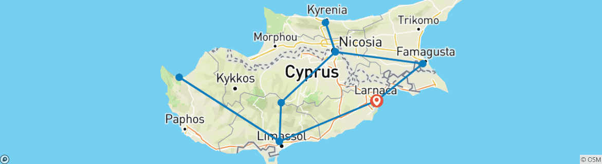 Image of a map showing the route of the tour
