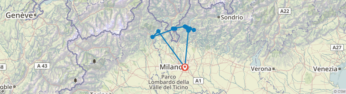 Image of a map showing the route of the tour