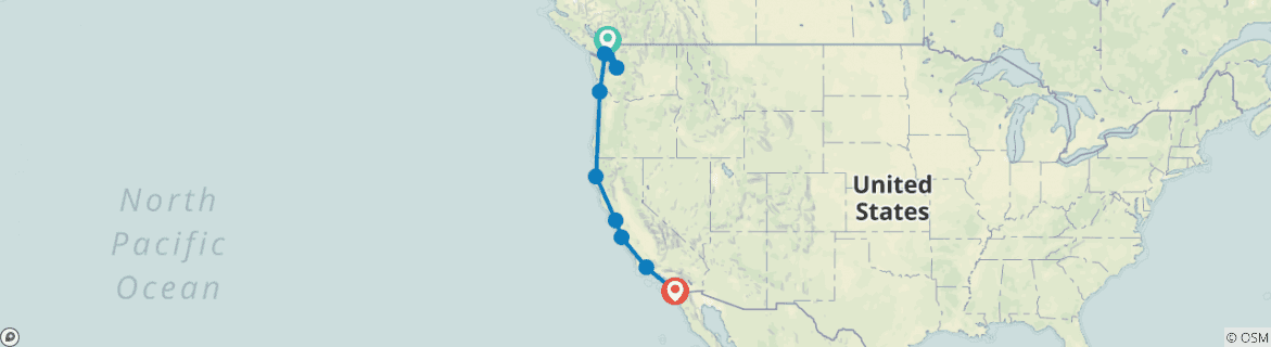Image of a map showing the route of the tour