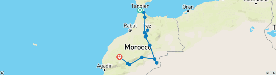 Image of a map showing the route of the tour