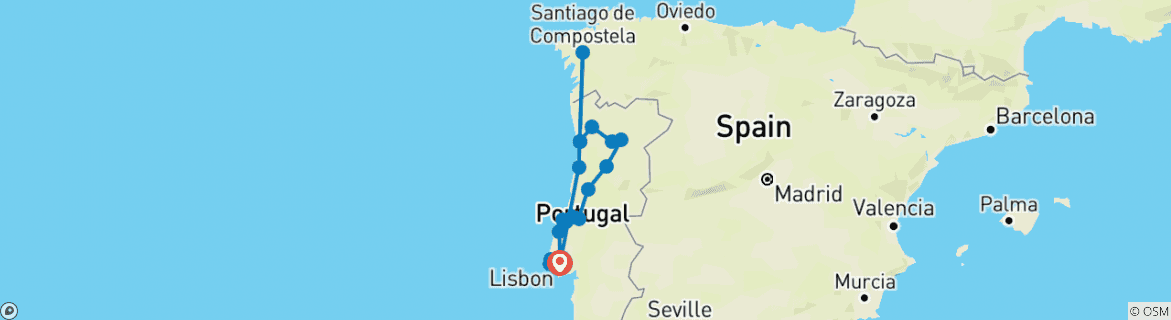 Image of a map showing the route of the tour