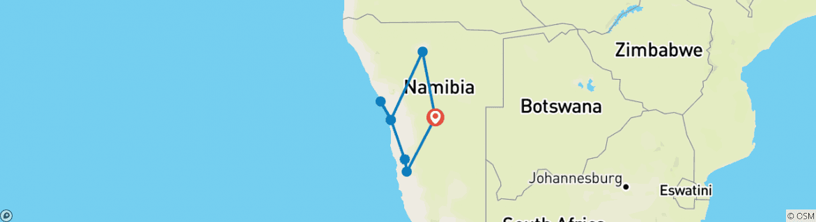 Image of a map showing the route of the tour