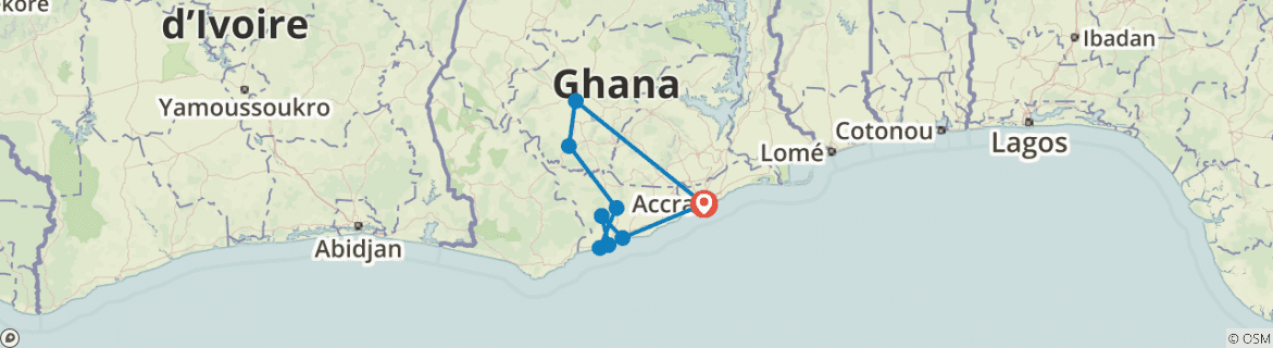 Image of a map showing the route of the tour