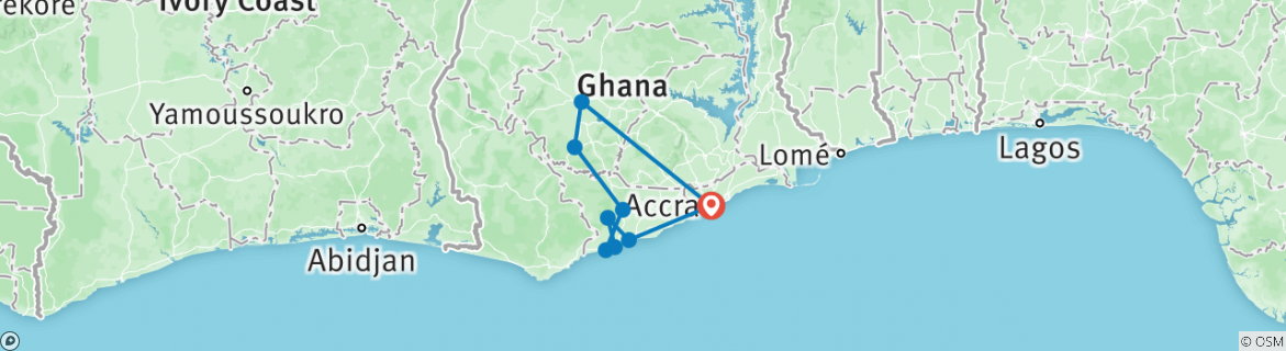 Image of a map showing the route of the tour