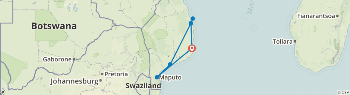 Image of a map showing the route of the tour