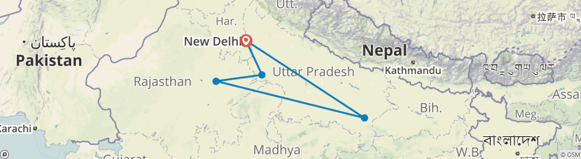 Image of a map showing the route of the tour