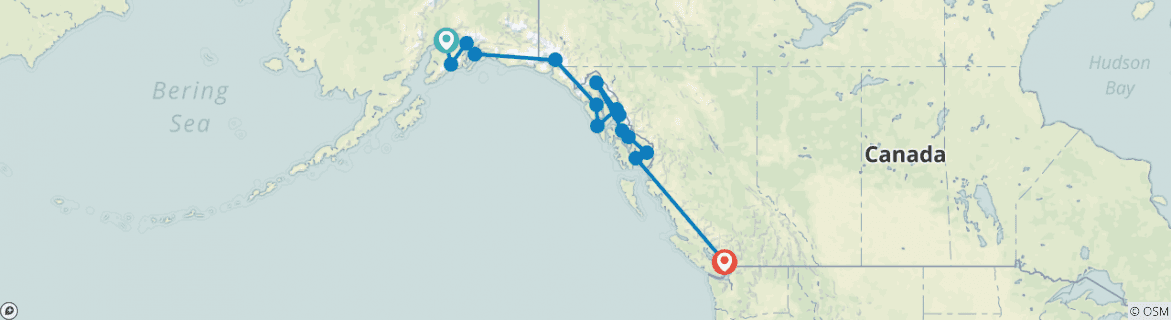 Image of a map showing the route of the tour