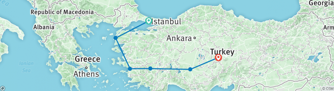Image of a map showing the route of the tour