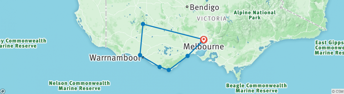 Image of a map showing the route of the tour