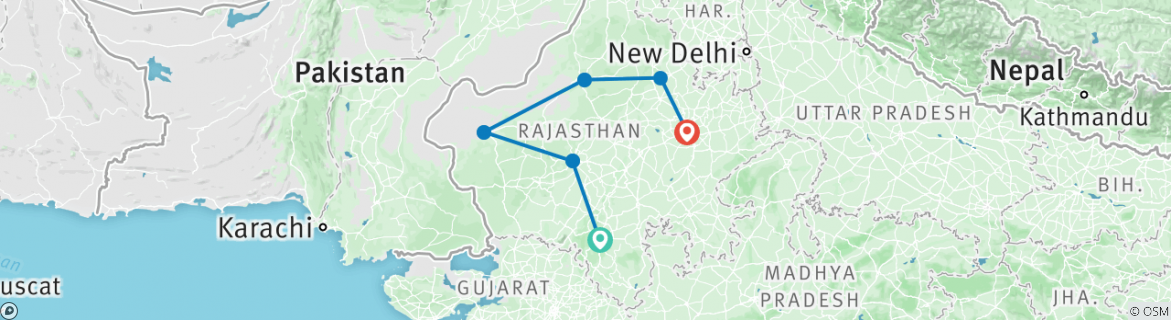Image of a map showing the route of the tour