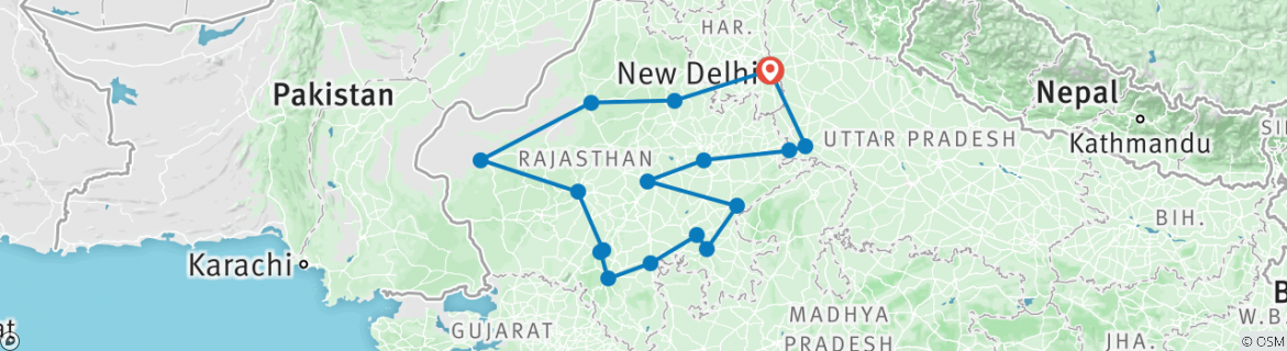 Image of a map showing the route of the tour