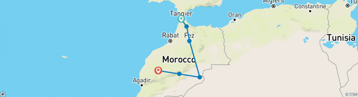 Image of a map showing the route of the tour