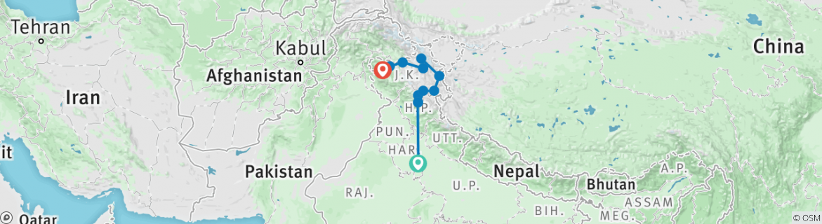 Image of a map showing the route of the tour