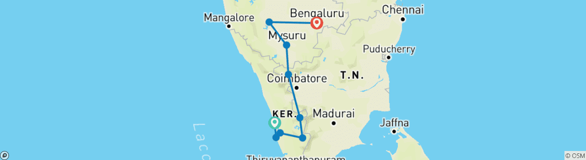 Image of a map showing the route of the tour