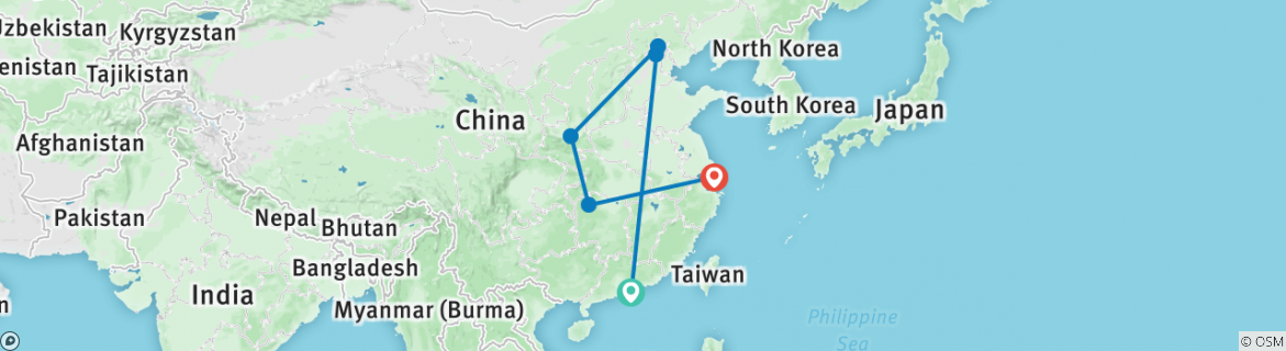 Image of a map showing the route of the tour