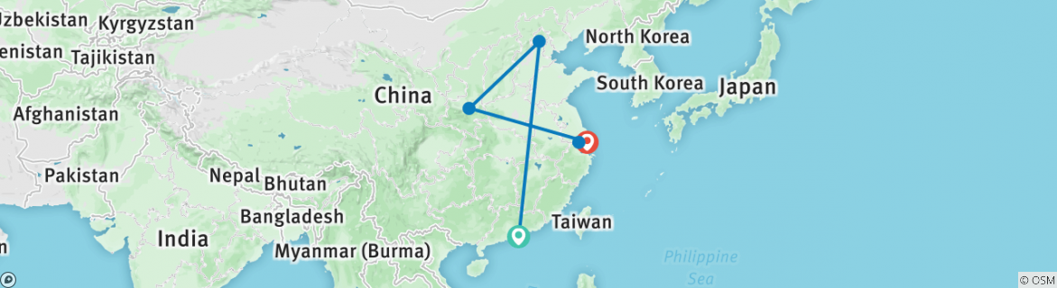 Image of a map showing the route of the tour