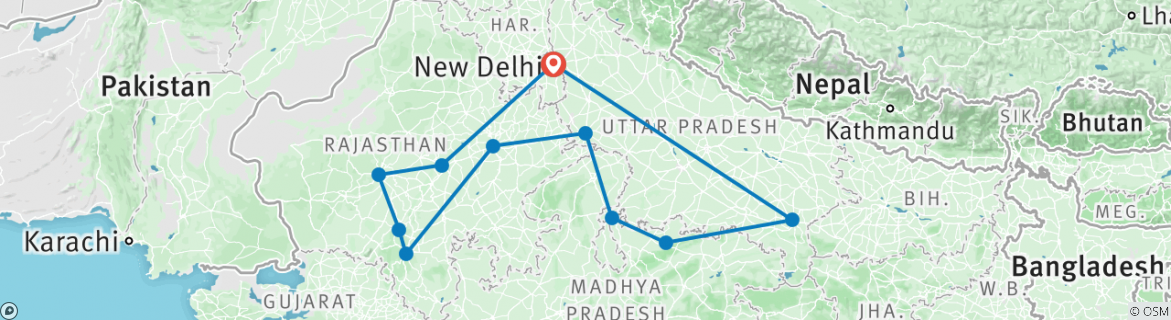 Image of a map showing the route of the tour