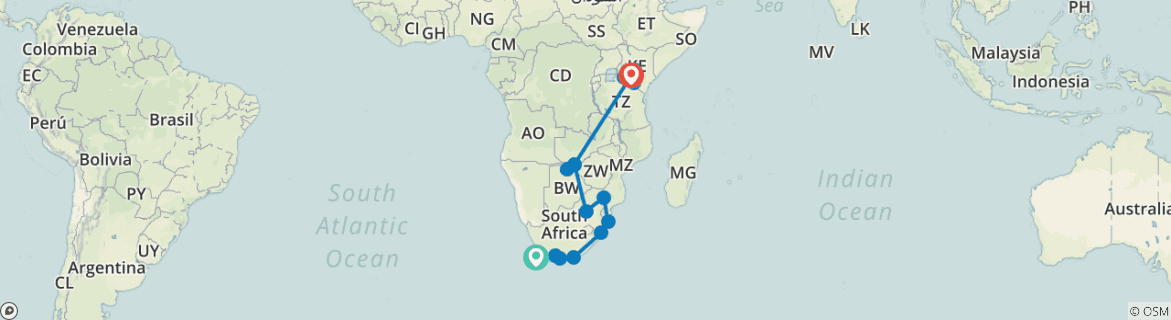 Image of a map showing the route of the tour