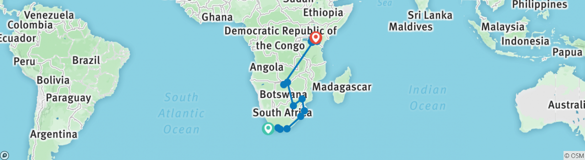 Image of a map showing the route of the tour