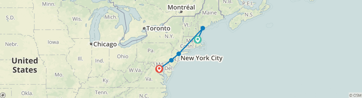 Image of a map showing the route of the tour