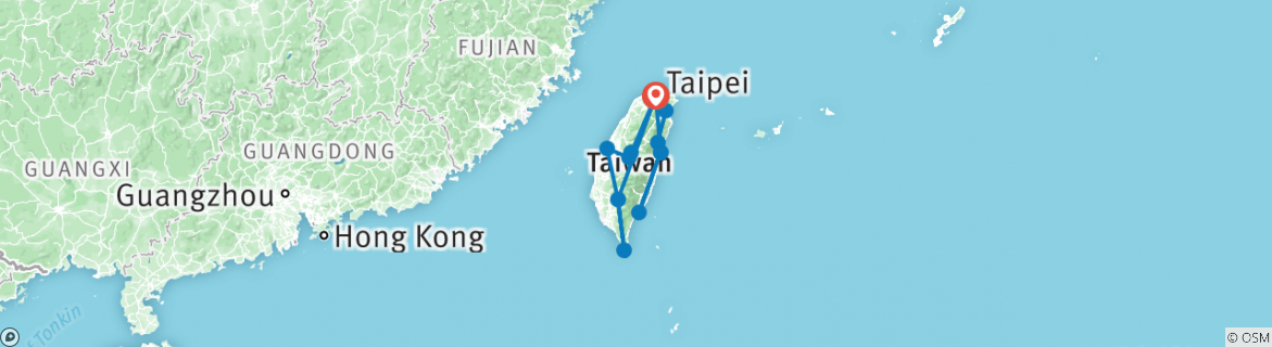Image of a map showing the route of the tour