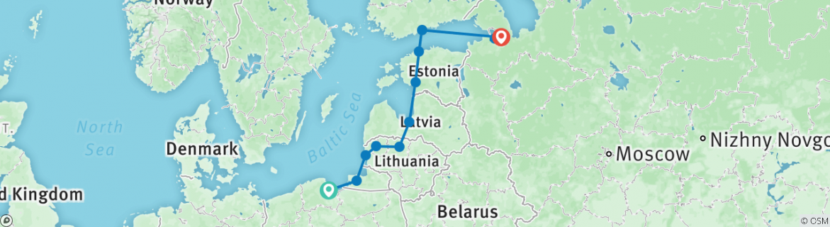 Image of a map showing the route of the tour
