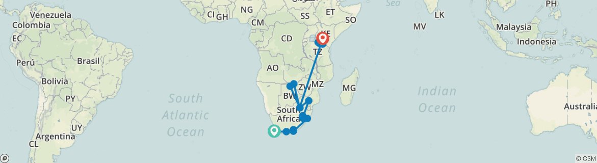 Image of a map showing the route of the tour